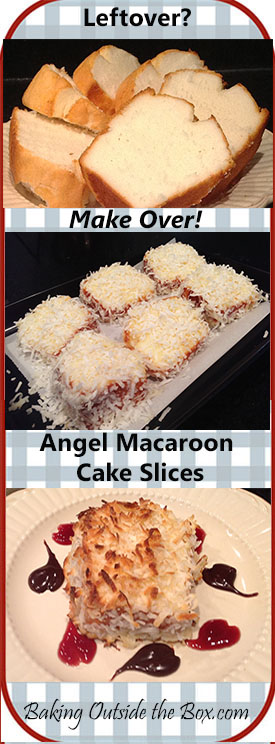 Angel Macaroon Cake Slices are macaroon heaven for coconut lovers. Easy to prepare, yet perfect for company. Great use of leftover Angel Food Cake. #bakingoutsidethebox #macaroon #coconutdessert