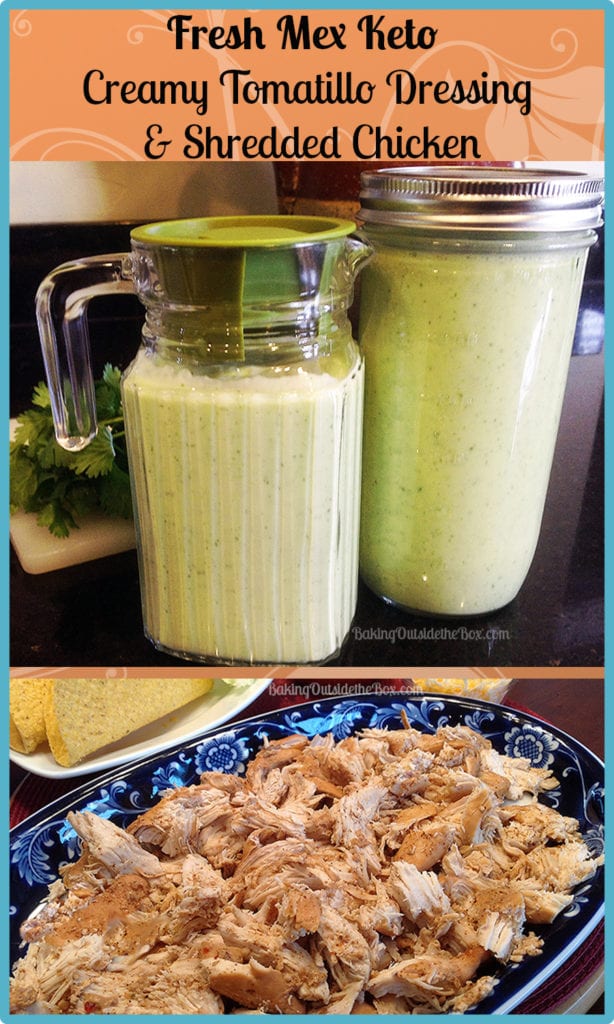 This spicy Fresh-Mex Keto Chicken and Creamy Tomatillo dressing makes wonderful salads and tacos.