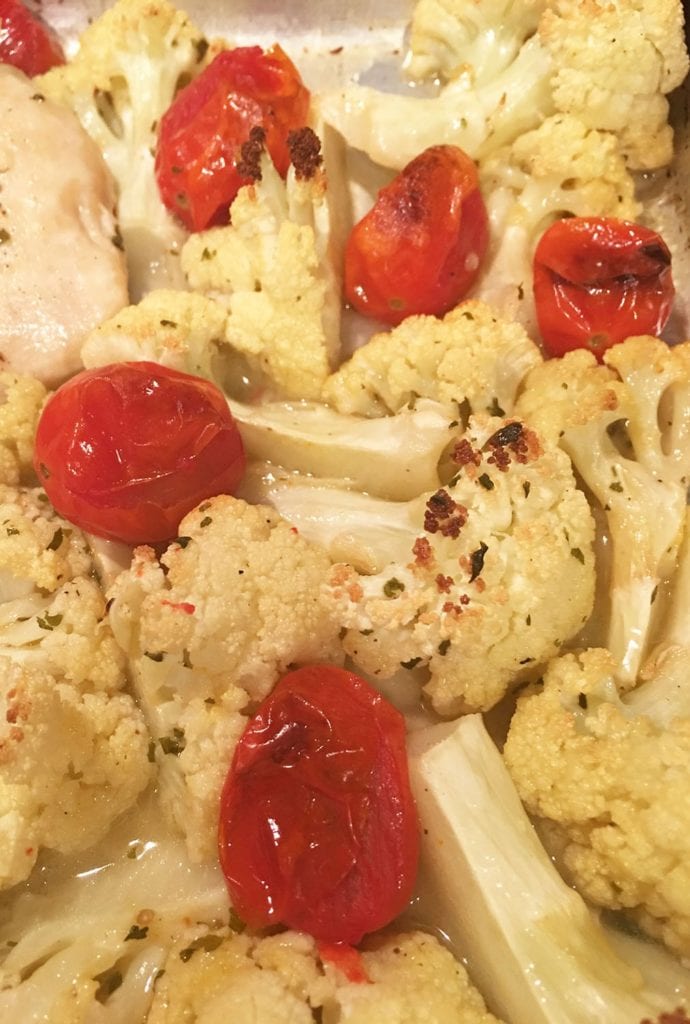 Roasted cauliflower and cherry tomatoes with Keto Ranch butter chicken