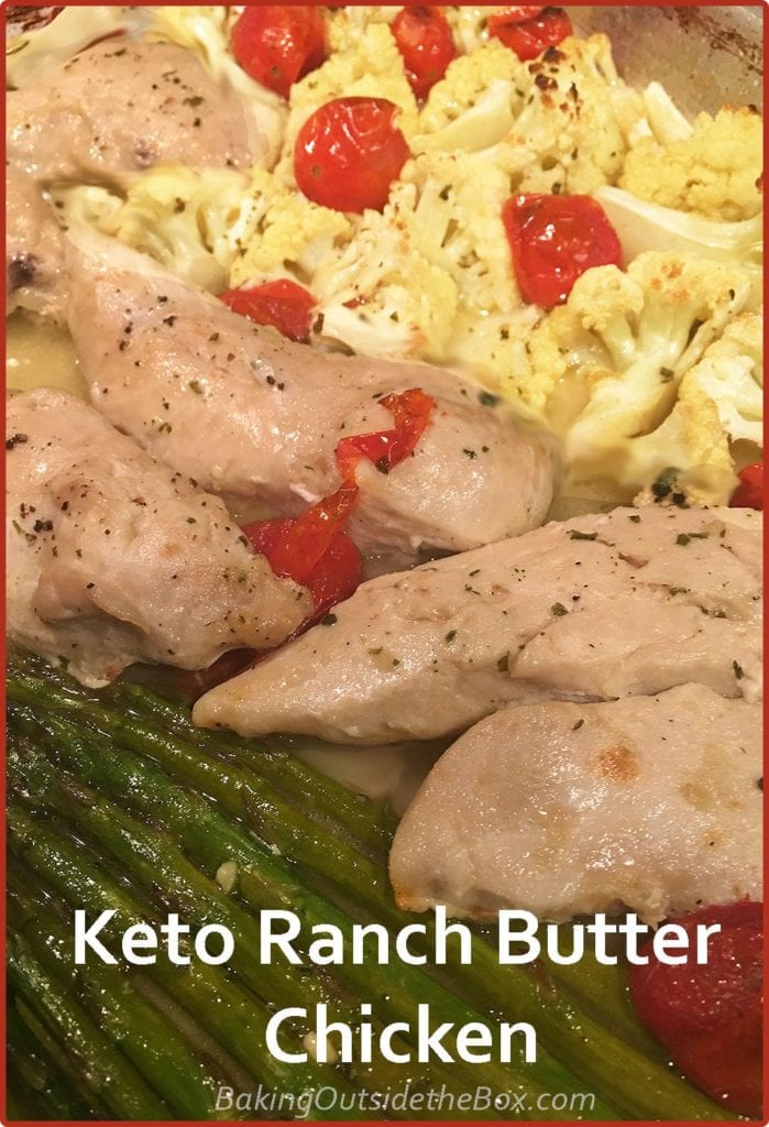 Keto Ranch Chicken Dinner Recipe is an easy one pan meal that includes vegetables. Drizzled with butter ranch sauce, it's a great weeknight keto meal. #keto #ketorecipe #chickenrecipe #lowcarb