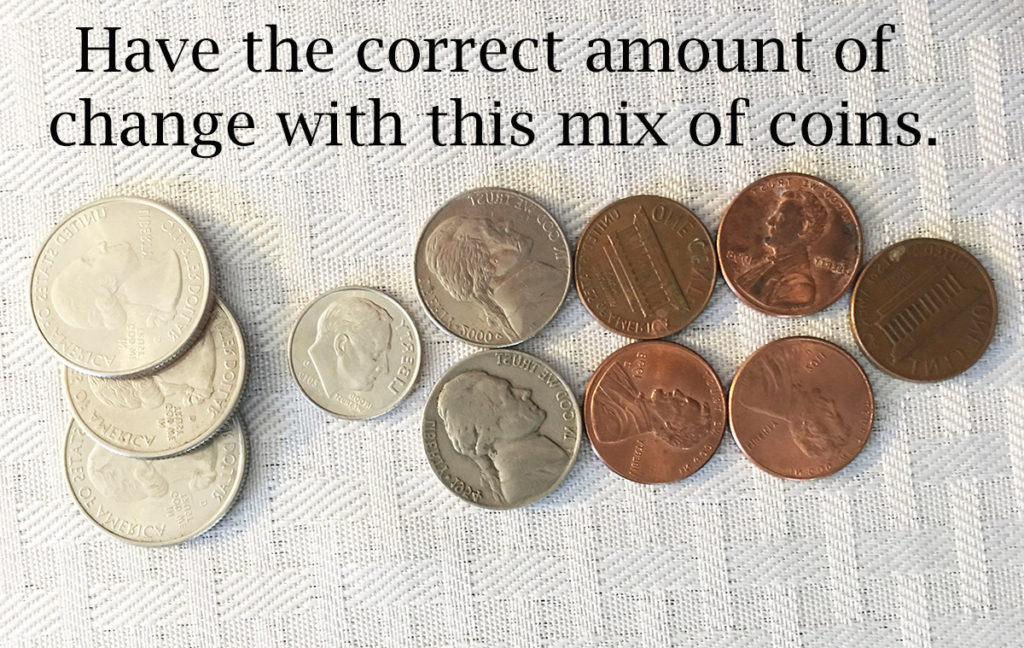 Have the right amount of change in your flat coin purse with 3 quarters, 1 dime, 2 nickels and 5 pennies.