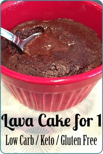 Lava Cake for 1 makes warm, sweet, chocolaty gooey cake goodness in minutes. Low in carbs and high in fiber. A healthy keto treat.