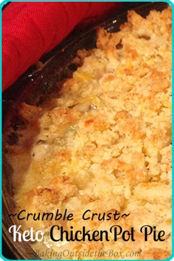 An easy to make Low Carb Chicken Pot Pie recipe that comes together in a few minutes and bakes up with a lovely crumble crust topping to satisfy your taste buds. Real comfort food for the low carb diet.