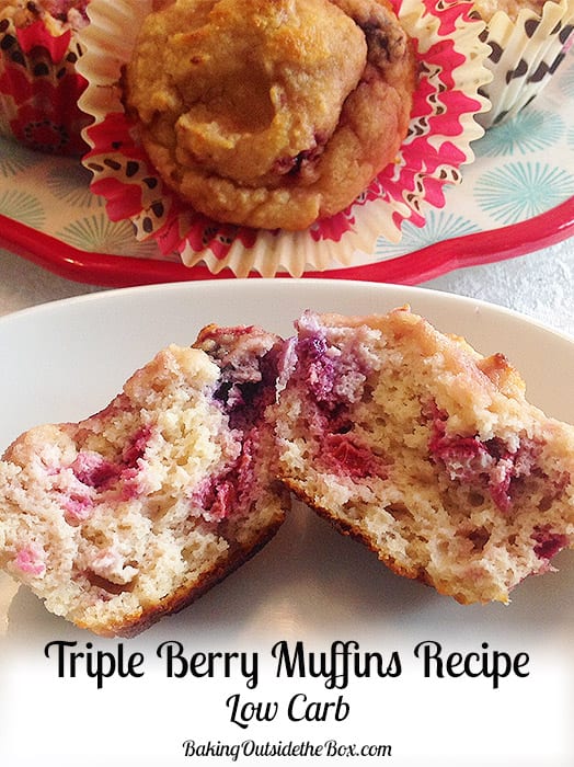 This easy Triple Berry Muffins Recipe is bound to become a favorite breakfast option on a low carb regimen. Just 3 net carbs per muffin.
