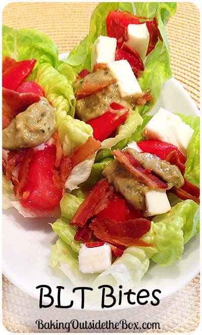 These fresh, crunchy and flavorful little BLT Bites contain a mixture of tomatoes, bacon, mozzarella and a balsamic pesto aioli that are sure to please as a prelude to a meal or a holiday party offering. They are quick to whip up and fast to disappear. (And, oh yes, low carb.)