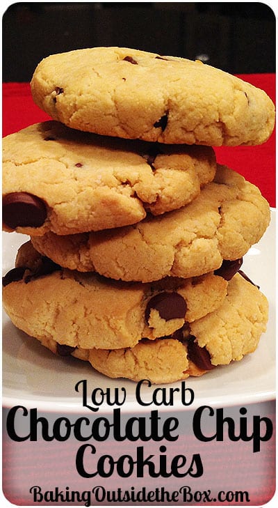 #bakingoutsidethebox | This Low Carb Chocolate Chip Cookies Recipe makes great soft cookies. Almond flour & 60% chocolate chips keep the cookies to 3.5 net carbs per cookie.