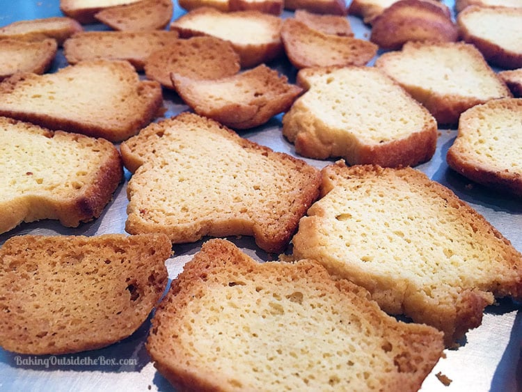 This low carb Melba Toast is easy to make and crunchilicious. Made from Almond biscuits, they are just a a bit over 1 net carb per sliced biscuits.