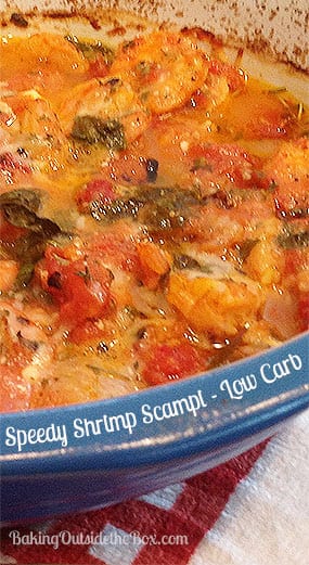 A few convenient shortcuts allow this low carb Speedy Shrimp Scampi to get from oven to table quickly. Super satisfying & just under 6 grams of net carbs.